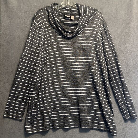 Chicos Cowl Neck Light Sweater Top Size 3 (XL) Gray Striped Casual Soft Layering - Picture 1 of 8